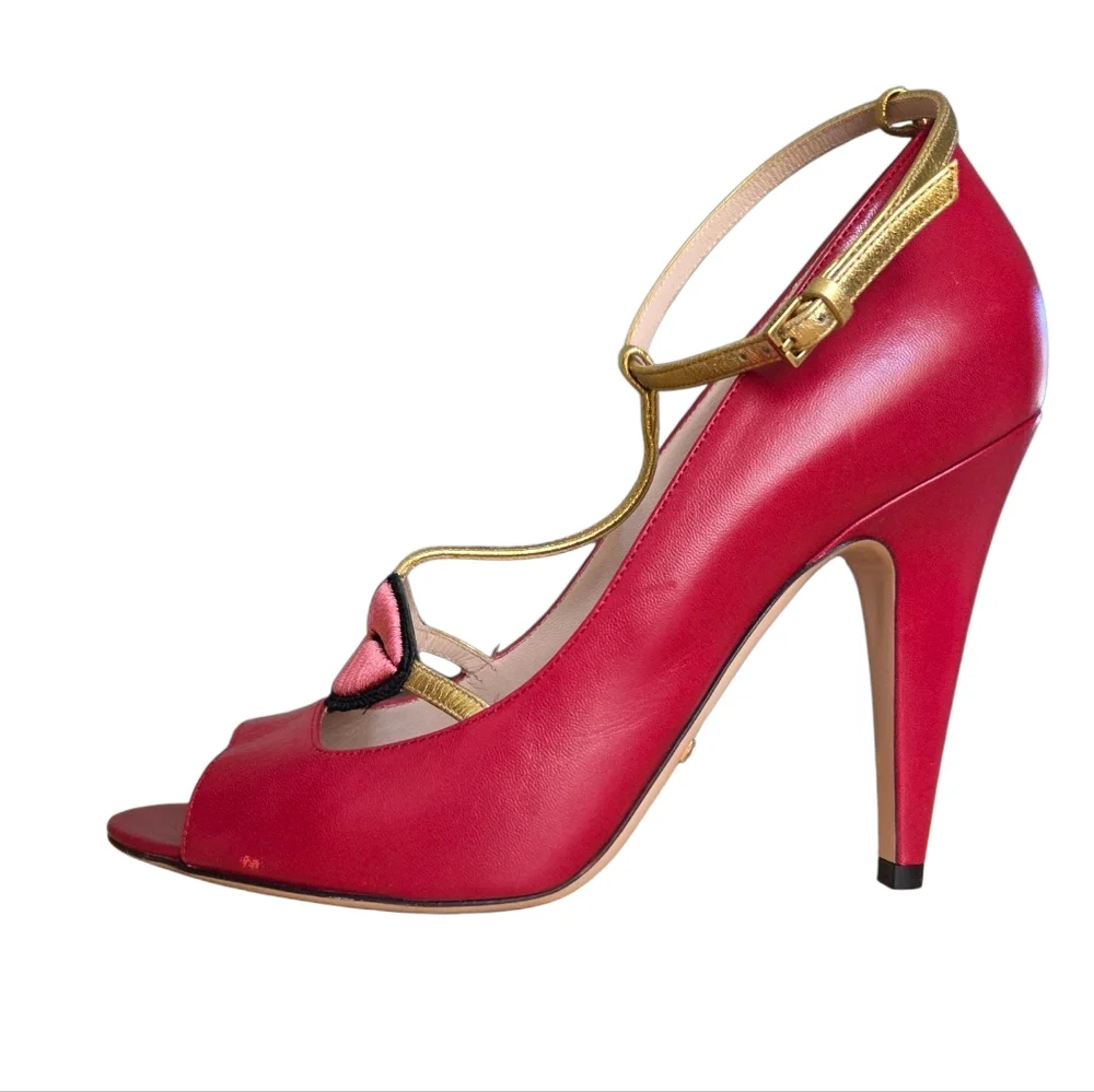 Iconic Gucci Molina Lips T-Strap Heels Red Gold Leather Pumps 38.5 - Picture 9 of 16